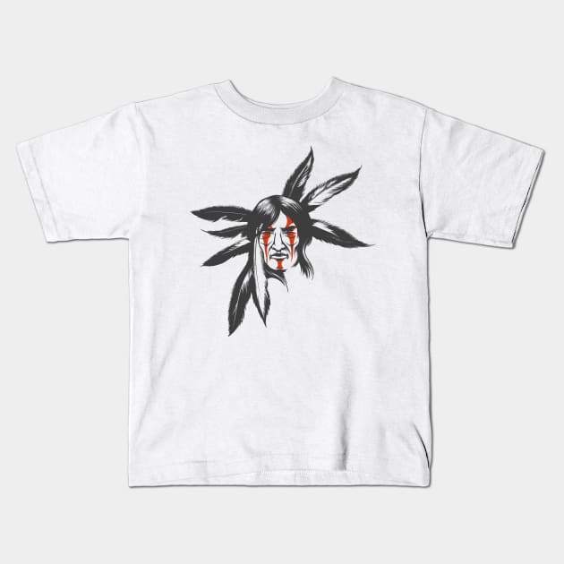 The Indian Warrior in Feather Hair Dress Kids T-Shirt by devaleta